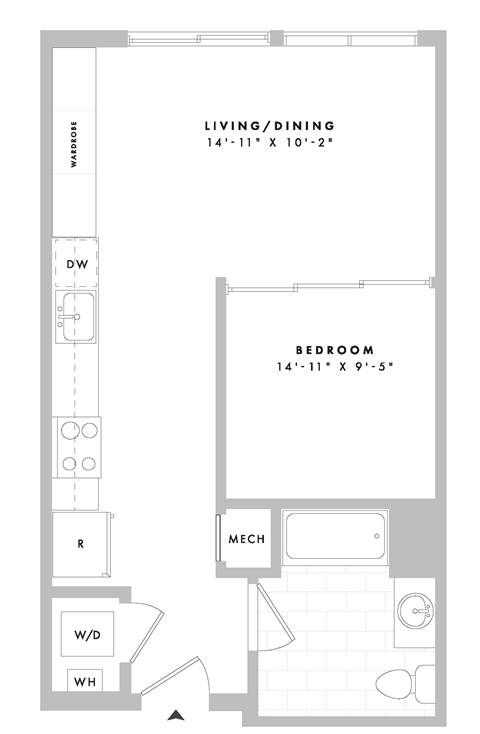Floor plan for 1 bed, 1 bath, 575 sqft